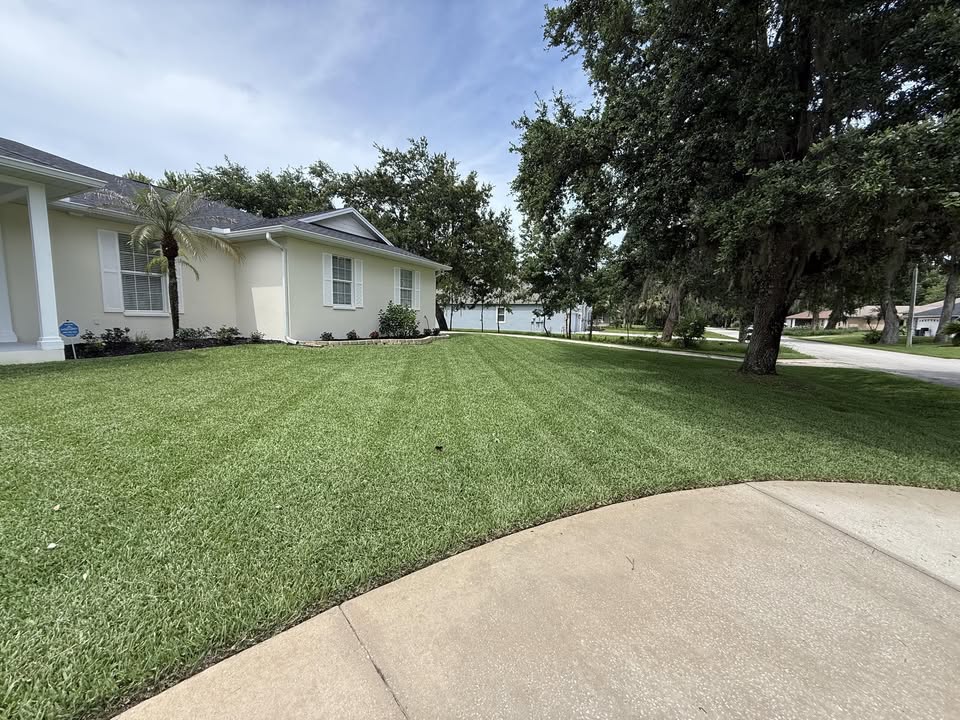 Freshly striped green lawn in front of a New Smyrna Beach home